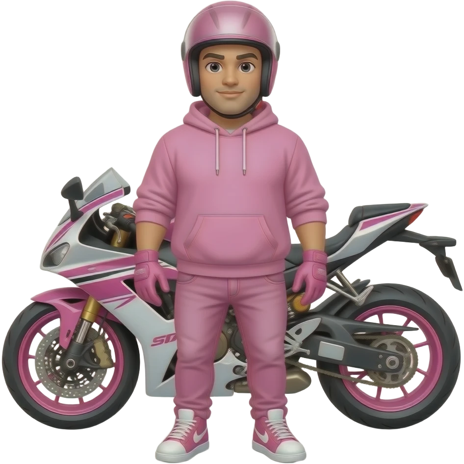 young full-figured man with pink jeans and a pink hoodie wearing white pink sneakers and pink gloves, also he wears a pink motorcycle helmet and stands in front of a pink white motorcycle emoji