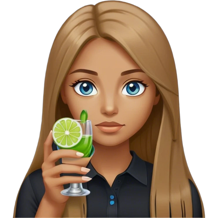 tan woman, black shirt, long light brown straight hair, grey blue eyes, holding a shot with lime emoji