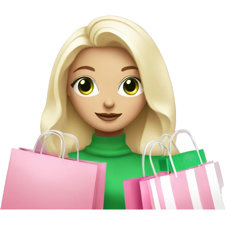 cute platinum blonde with green eyes surrounded by pink shopping bags emoji