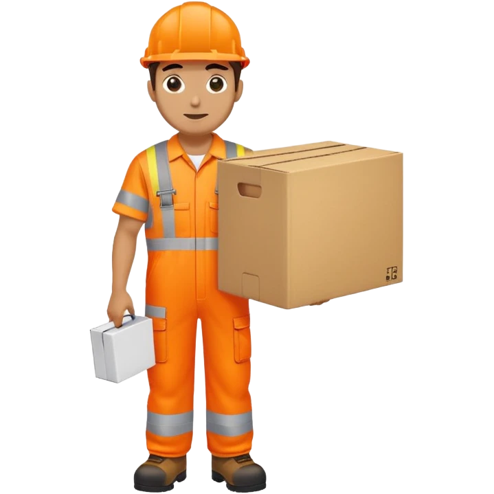 man standing sideways, wearing orange hi visibility overalls, carrying a box emoji