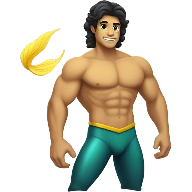 Tan muscular merman with dark hair and yellow tail emoji