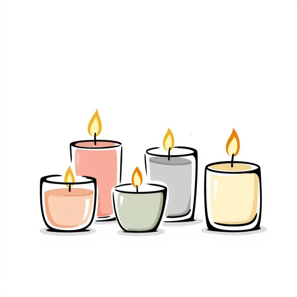 candles in glass holders, some lit with gentle flames, pastel colors dd9fb0 ffc6d3 a3bfc9 c4bee2 f1b091, detailed hand-drawn doodle style emoji