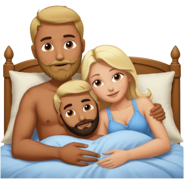Naked bald Indian man with a beard in bed spooning naked blonde woman emoji