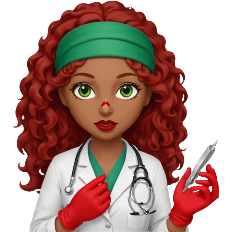 Lilith scalpel in hand, evil surgeon sexy surgeon clothes.  She has green  eyes. She brown long curly hair. Wears sexy doctor outfit with red gloves.hair is free and brown  Wears red bandana to hide  her mouth and nose emoji