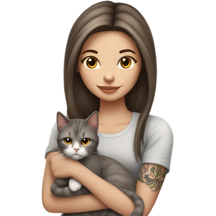Beautiful brown haired tattooed woman holding gray and white long hair cat emoji
