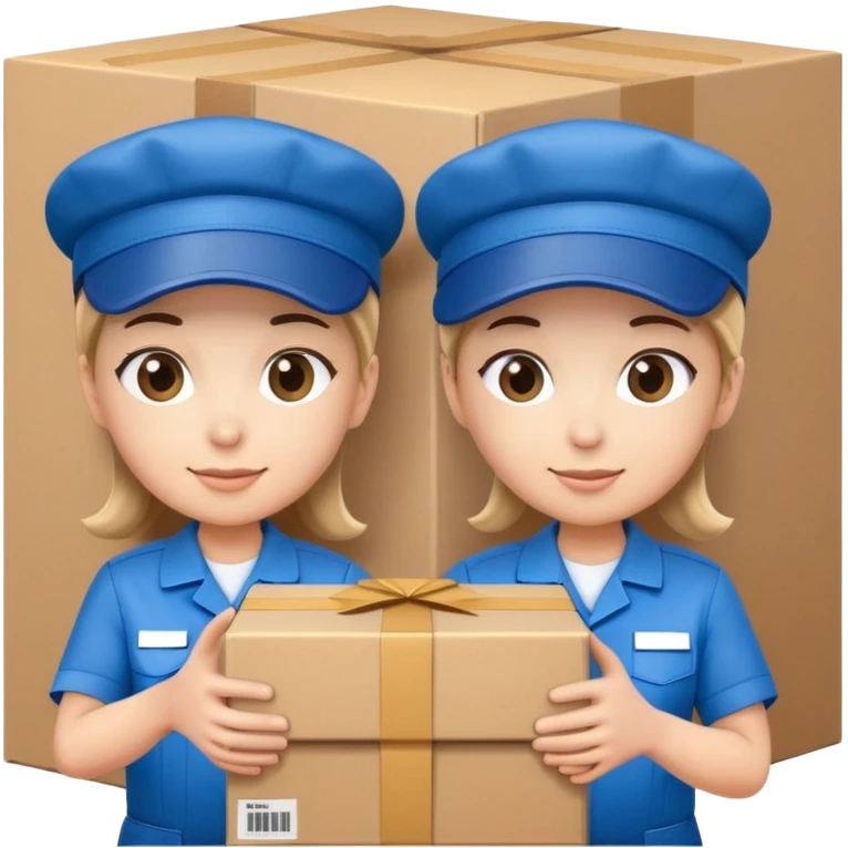 two suppliers in blue work uniforms wearing hat-style caps holding a big box together emoji