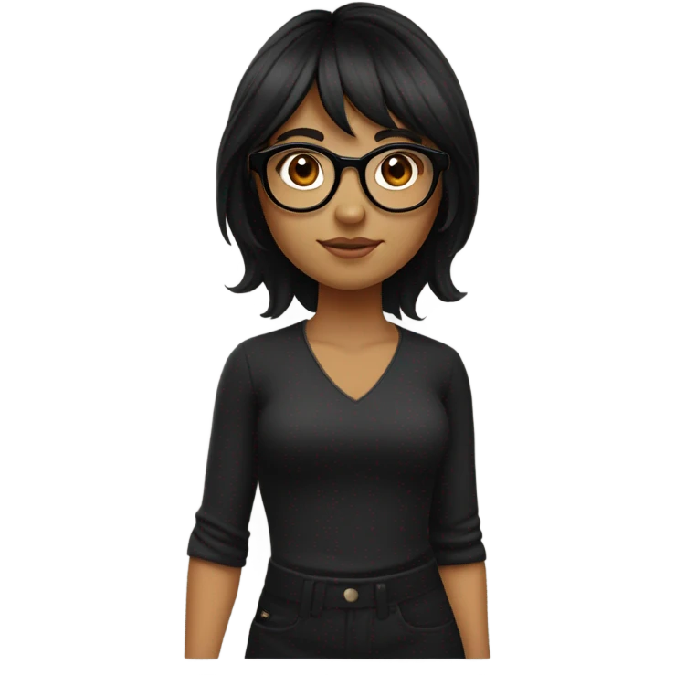girl with slightly wavy black hair in layers has curtain bangs tanned skin brown eyes black circular glasses emoji