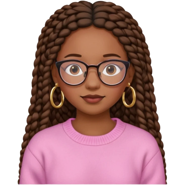 cute  black adult girl with glasses and braids that are long which are brown, and some blush on her cheeks , in a pink sweater and some gold hoop earings . emoji