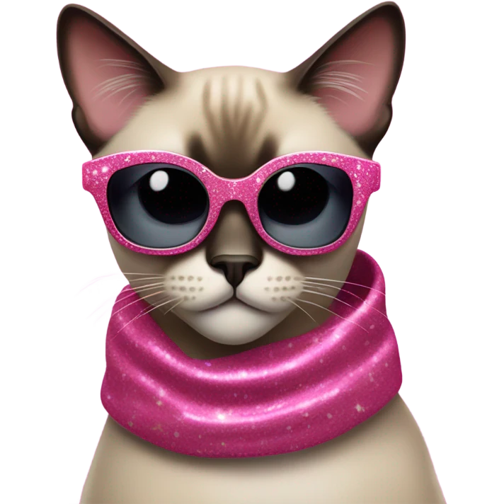 Siamese cat, leopard print scarf, futuristic pink glitter sunglasses emoji