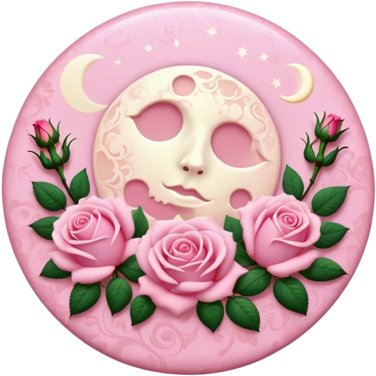 A round pink button with a light cream full damask moon and pink roses in the center emoji