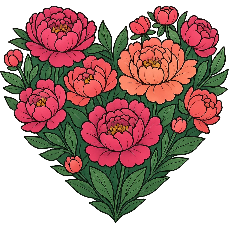 heart with a vibrant peony garden, clean digital illustration, remove background emoji
