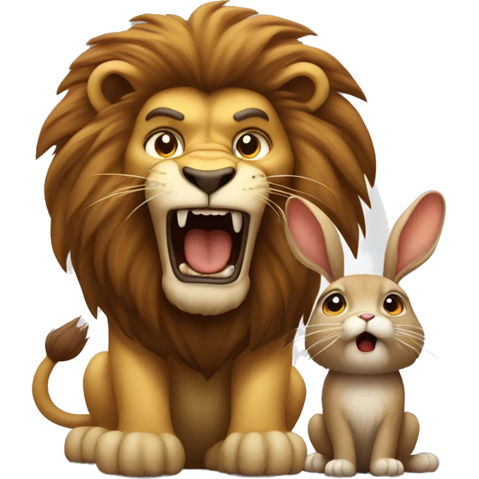 Big angry lion roars next to small cute brown rabbit emoji