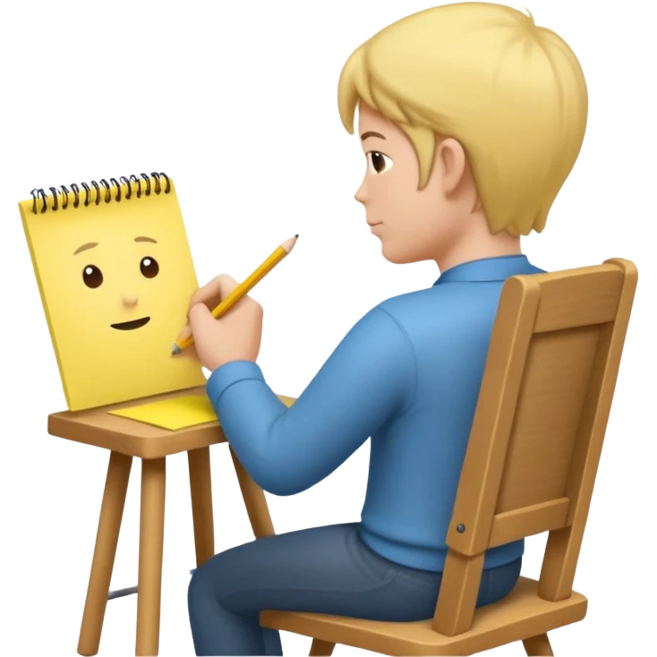 Memoji sitting on a chair from behind (pnly hair and back of the chair shown) writing on a sticky note  emoji