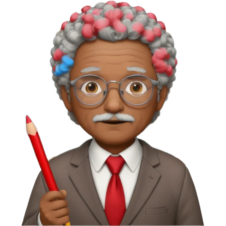 old man teacher, brown skin, curly grey white hai, wearing glasses, brown suit, red tie hold chalk on hand emoji