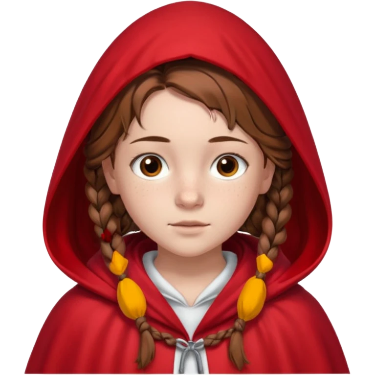 a 12 year old girl with fair skin, freckles, and brown hair done in French braids that come down to her breasts. she has a red hooded cape with the hood drawn. she has big, brown eyes and normal eyebrows emoji