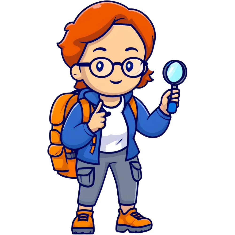 Colorful woman explorer in her 40s with glasses, dark blue and white hiking clothes, backpack, holding magnifying glass emoji