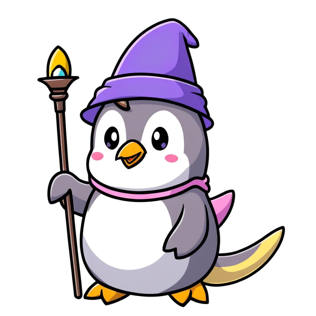 penguin wizard with a staff and hat, surrounded by a small dragon, fairy, and unicorn, colorful fantasy landscape with gothic castle emoji