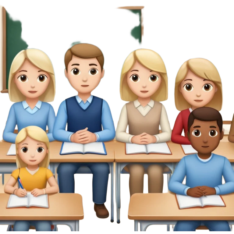 five caucasian people sitting together in classroom learning emoji