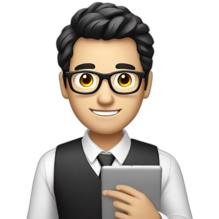 male virtual assistant with a smiling  holding a digital tablet or stylus wearing eye glasses black hair emoji