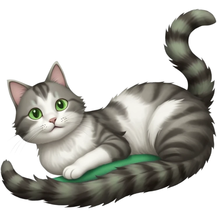 grey and white cat with green eyes doing a big extremely long stretch reaching up into the air with arms and legs side by side together straight and overextended whilst lying on its side emoji