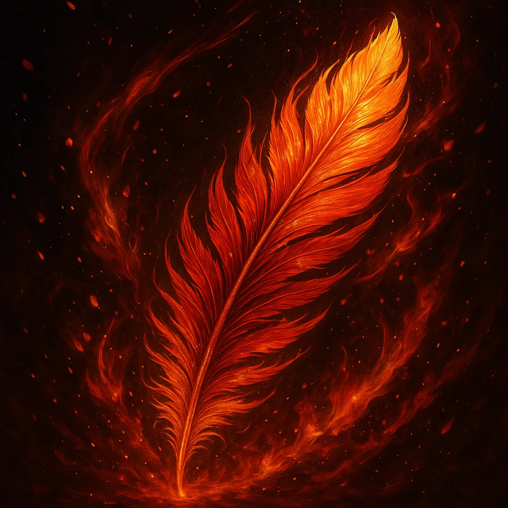 fiery phoenix feather, swirling embers, vibrant orange and red, dynamic and fiery, highly detailed emoji
