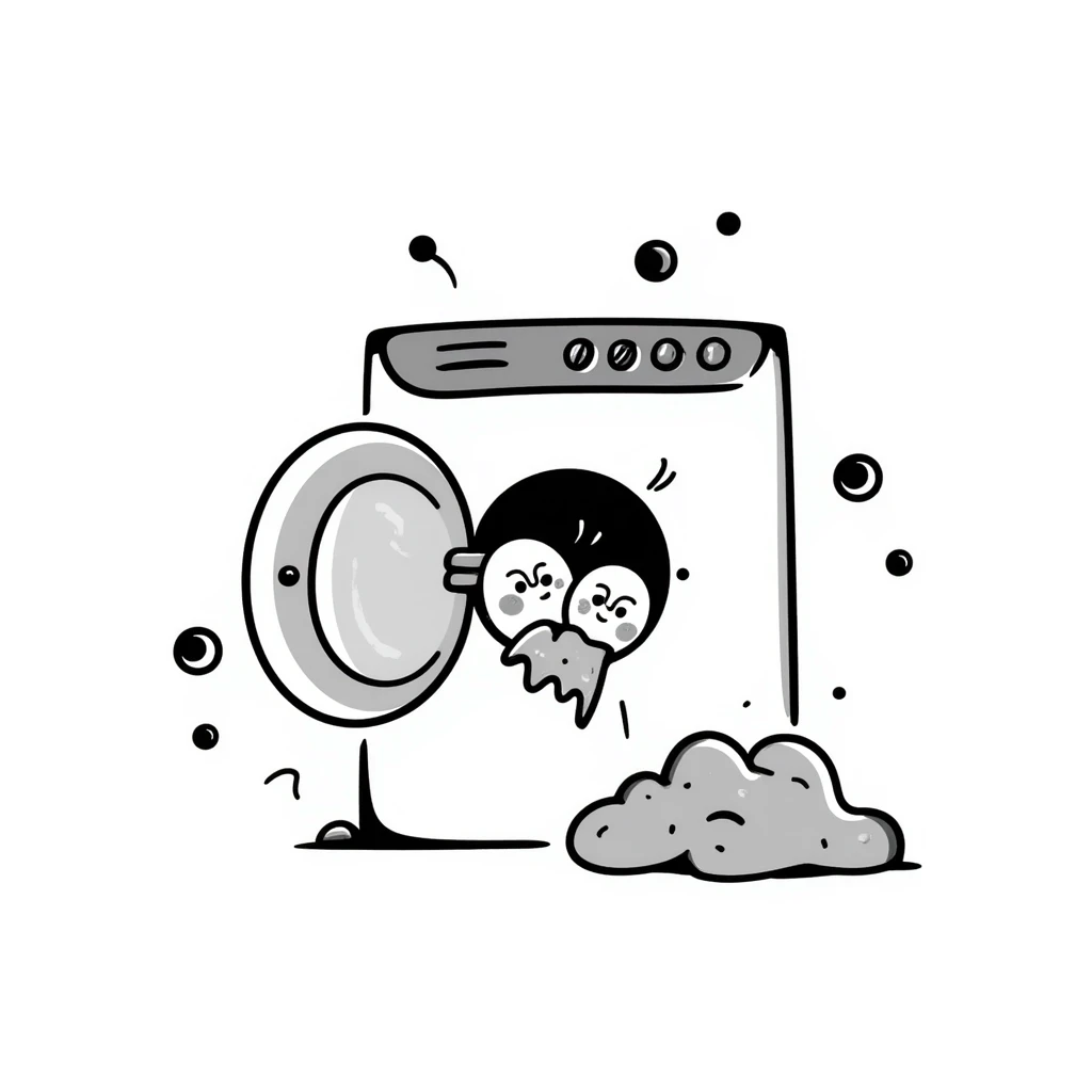 washing machine with bubbles and clothes peeking out, doodle style emoji
