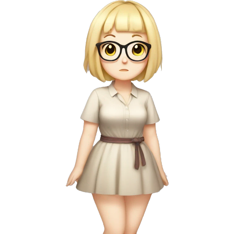 Chubby anime girl with glasses and short blond hair, full body wearing cute dress emoji