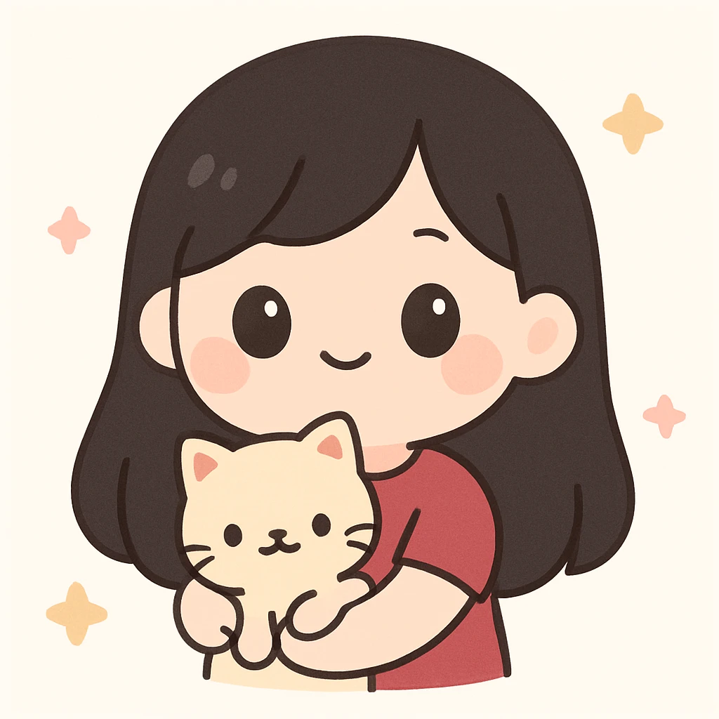 adorable girl with long black hair, maroon shirt, carrying a cat, kawaii style emoji