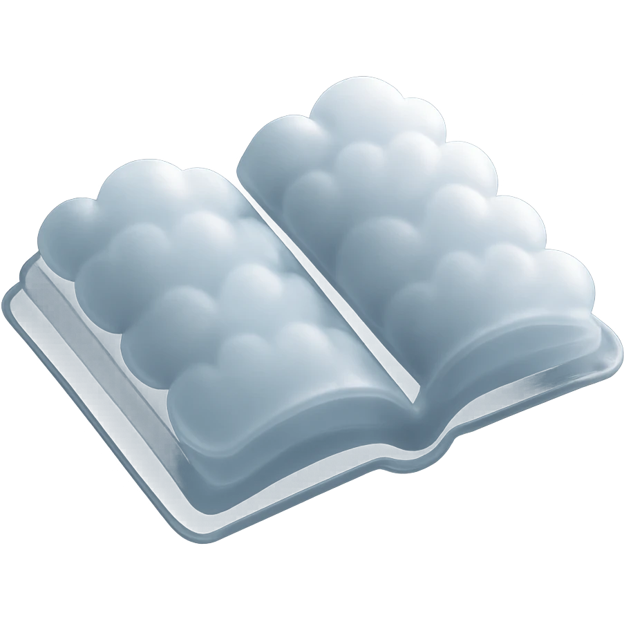 top view of a thick open book made entirely of small, very bright white fluffy convex clouds, matte glass style emoji