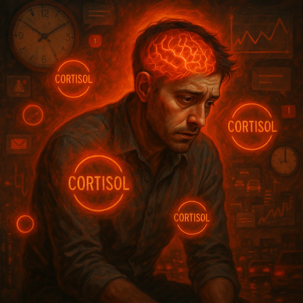 symbolic surrealism, semi-realistic; man in his 30s, tired eyes, tense muscles, hunched, surrounded by glowing 'Cortisol' symbols, reddish-orange aura; chaotic background (clocks, notifications, traffic, charts); brain visible with red-orange neural activity; moody lighting, detailed face emoji