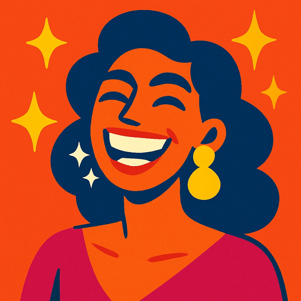 dazzling human, glamorous, radiant smile, vivid colors, sparkling effects, lively expression emoji