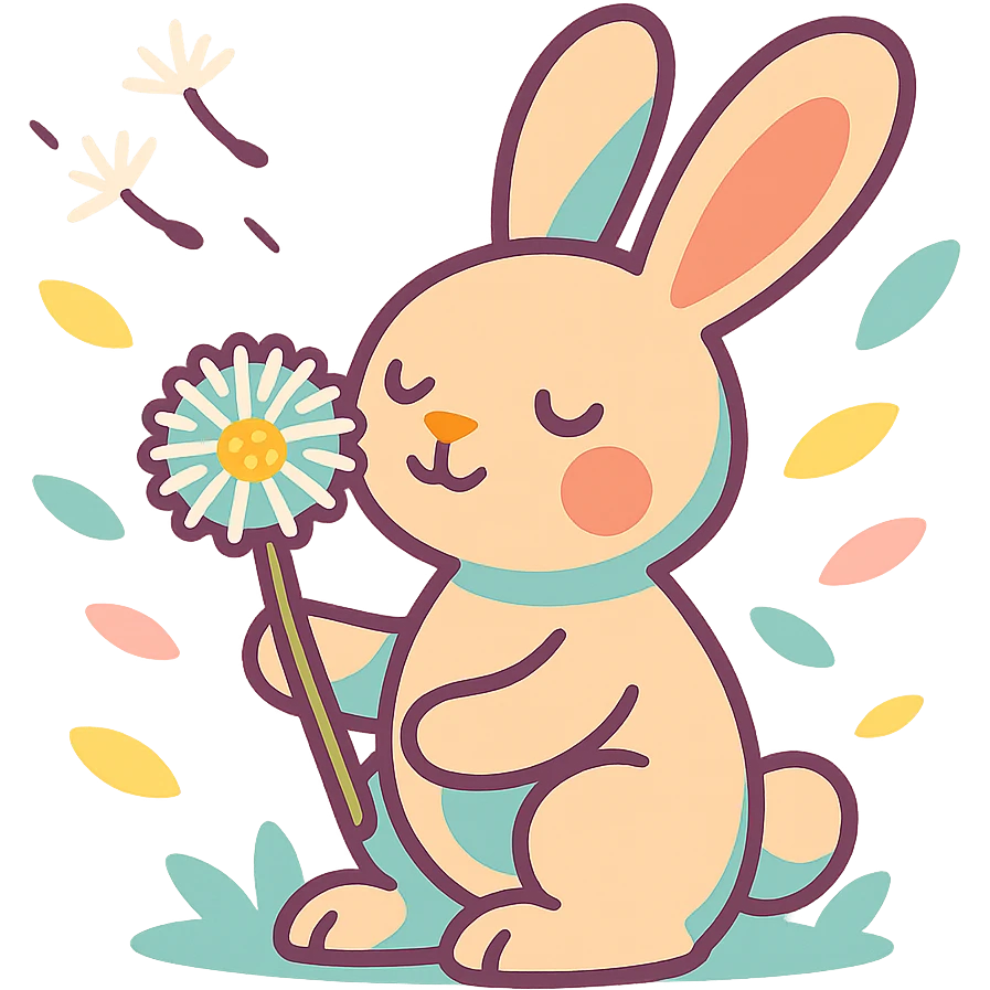 bunny holding a dandelion in the breeze, gentle spring vibe, soft pastel colors, transparent background, vibrant toon style emoji