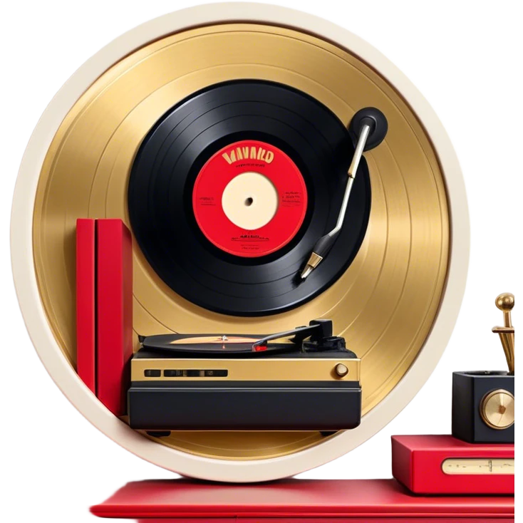 Icon for Vinyl Record Collecting: large black, golden and red vinyl records in decorative packaging featuring artist images, neatly arranged on a wall or shelf, modern vinyl record player. The icon should reflect the aesthetic and artistic aspect of collecting vinyl records. Transparent background. emoji