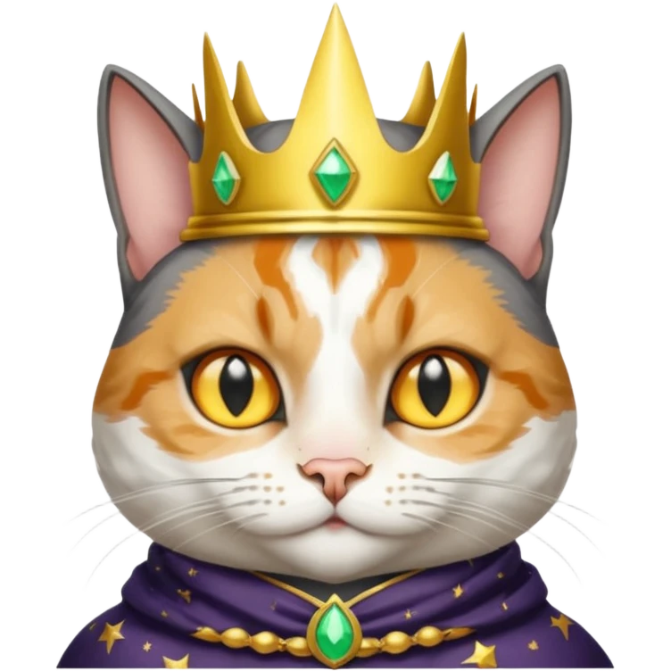 A wizard king cat that is mostly white with big black spots and yellow eyes emoji