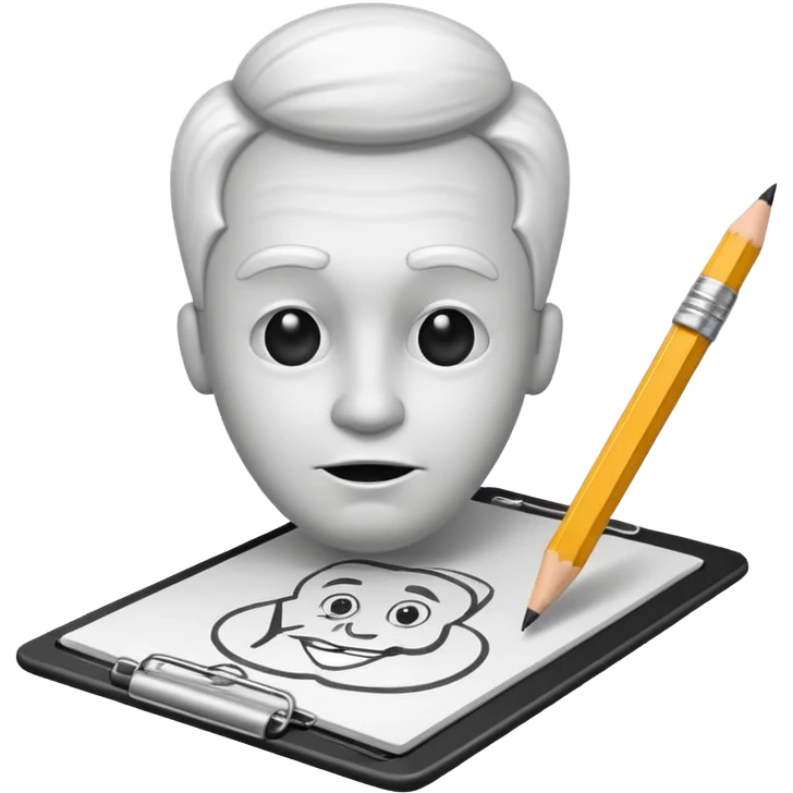 Create an icon representing the process of creating a black-and-white caricature. Include a pencil, a sketchpad with a humorous, exaggerated figure, and inking tools. Use bold lines and shading, with a transparent background. emoji