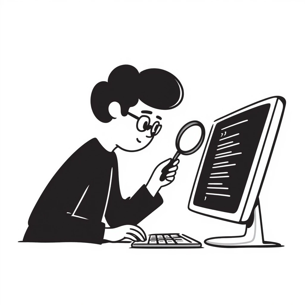 QA engineer at a computer with magnifying glass inspecting code emoji