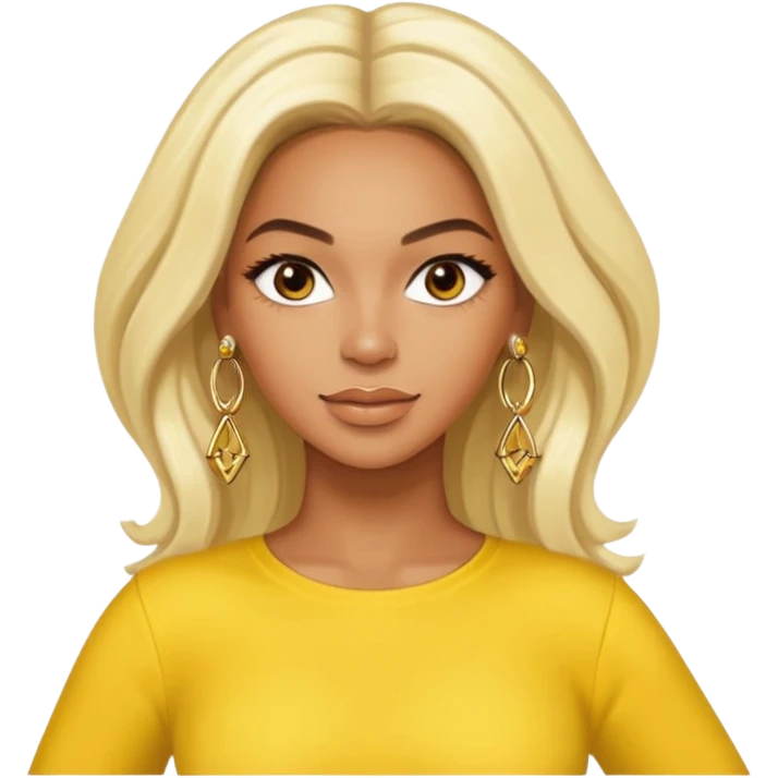 Beyonce brown eyes, long platinum blonde hair, yellow outfit with earrings emoji