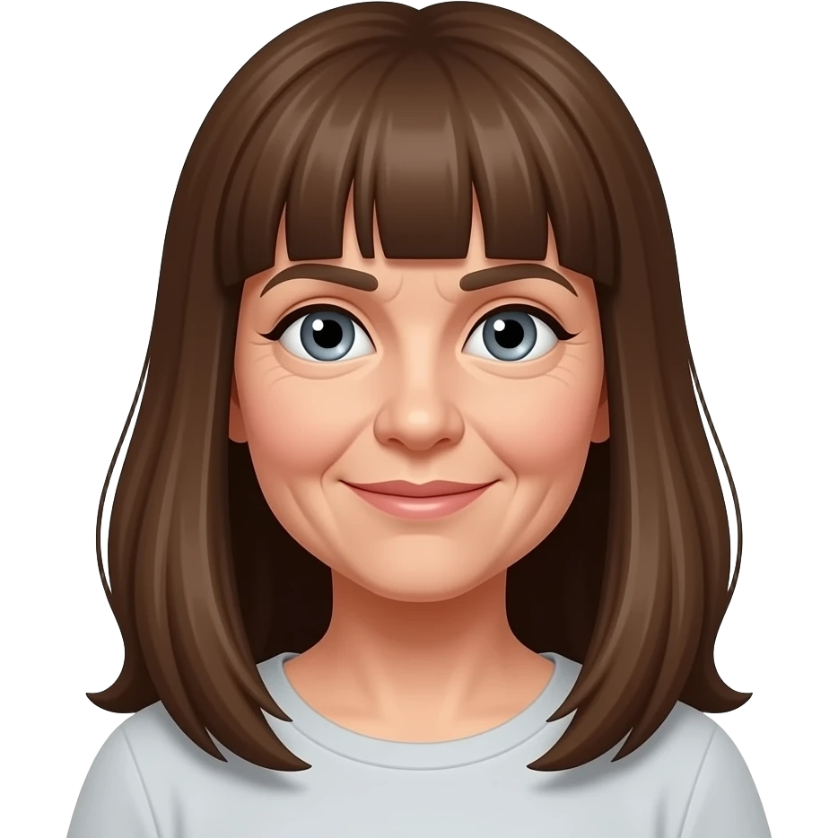 older woman with long brown hair and bangs, grey eyes emoji