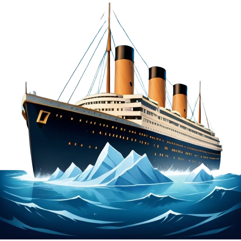 Icon for Titanic Movie: A vintage movie poster-style design featuring a dramatic scene of the ship, the iceberg, and a romantic silhouette of the main couple. Include elements like the ship’s bow, water splashes, and a starry sky in the background. Retro cinematic feel. Transparent background. emoji