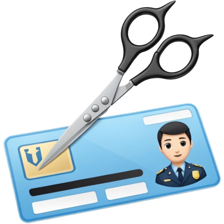 Floating black Scissors cutting a light blue idf ID card in 2 parts .hyper realistic emoji