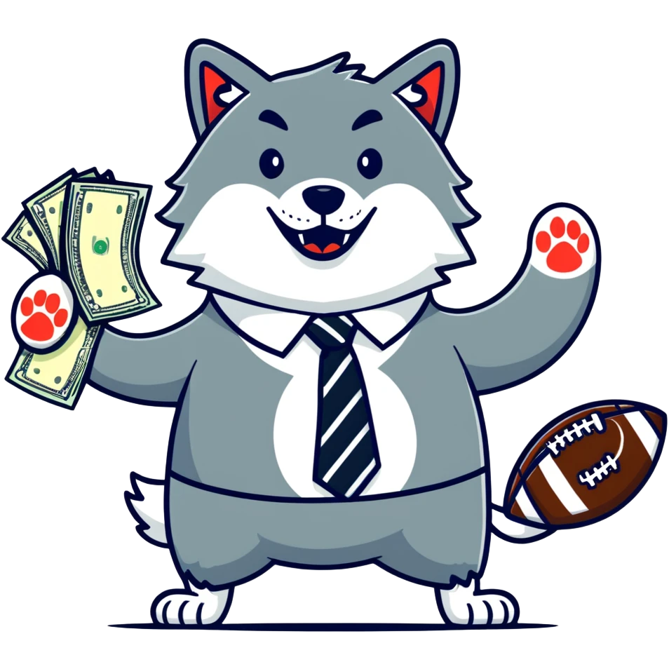 Wolf in football jersey and business tie throwing cash, stock market charts background emoji