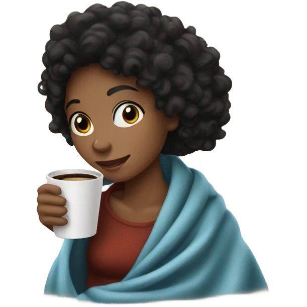 Girl with curly black hair, inside a blanket with a hoy coffee in her hand emoji