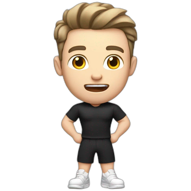 amazed Open with surprise mouth Pale skinned Fit Man With the biceps and dark brown hair in black shirt, gray sports shorts and white Sneakers emoji