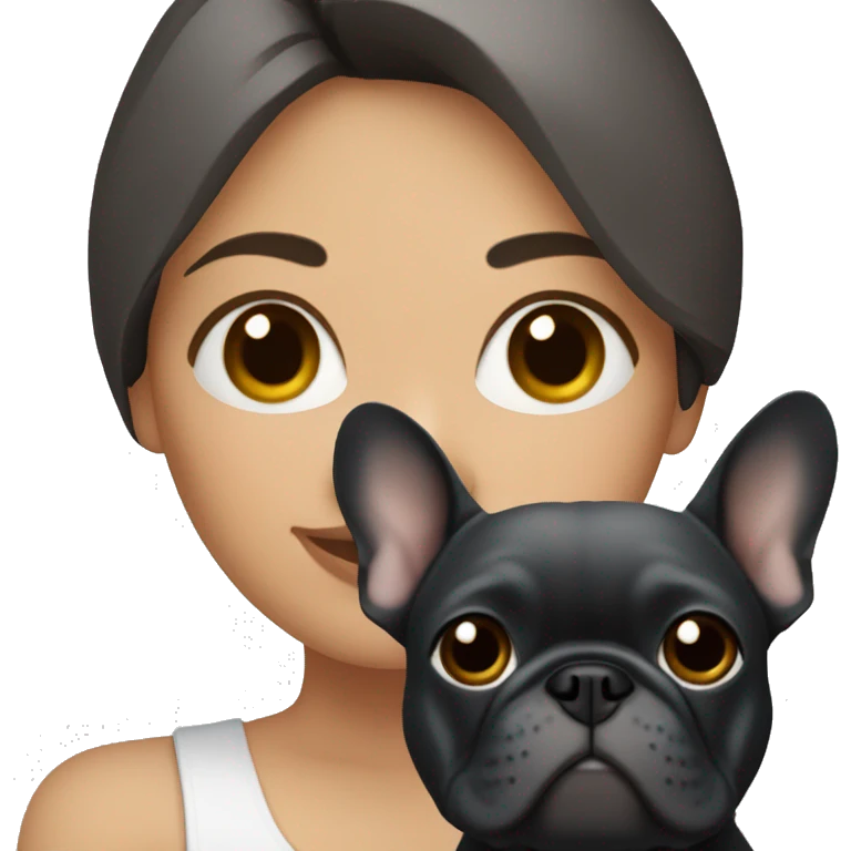 brunette woman holding dark grey French bulldog  emoji