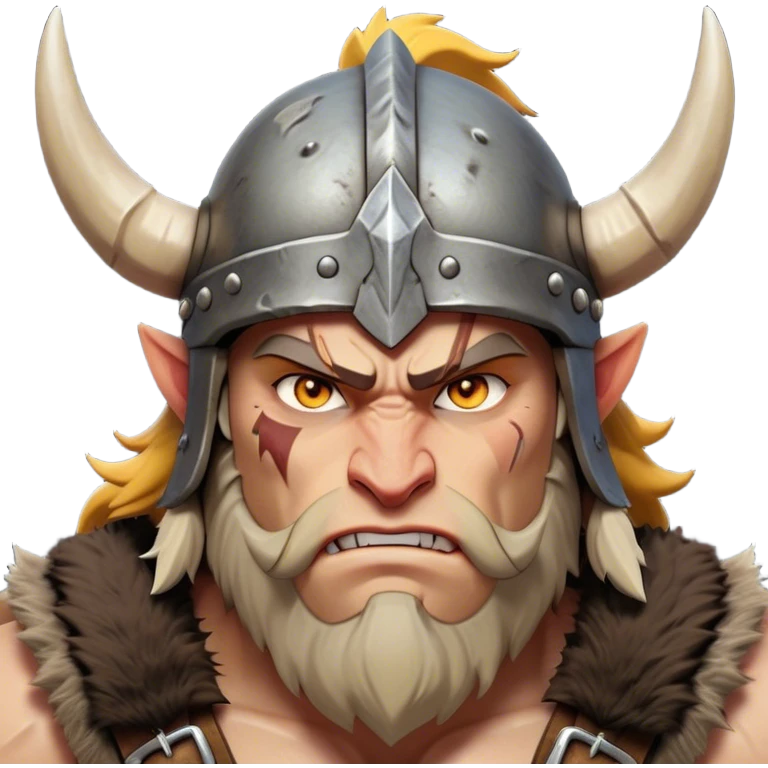 Clash of Clans aesthetic: Cinematic Fierce Barbarian Portrait Emoji, Poised and bold with a rugged yet cartoonish build in tattered furs and a horned helmet, expressive bright eyes and a confident smirk, Simplified yet dynamic features, highly detailed, glowing with a vivid, adventurous aura, high shine, heroic and spirited, stylized with an air of medieval warrior charm, focused and energetic, soft glowing outline, capturing the essence of a fearless barbarian adventurer ready to lead his clan with spirited valor! emoji