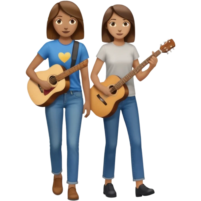 based on emoji style, like this "💁🏻‍♀️" "💁🏽‍♂️" "💁🏻", two people walking together. one is brown-haired woman, wearing business casual, holding a guitar. Another one is a non-binary person, wearing t shirt and jeans, and the second person doesn't have anything on their hands. emoji