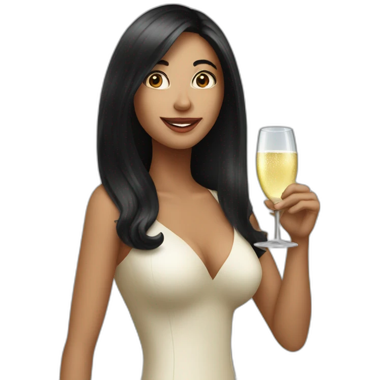 Funny woman with black long hair drinks champagne emoji
