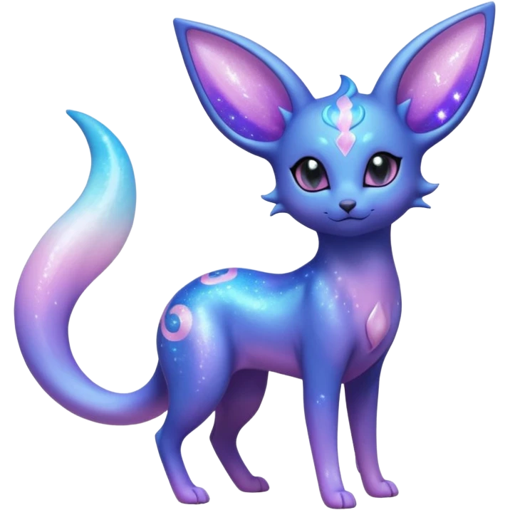 Shiny Iridescent Nebulae Espeon-Umbreon-Sylveon-Dragonair-Fakémon-hybrid-creature (full body)  with a galaxy-dust-flowing-gradient-tail emoji