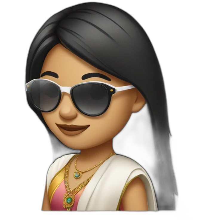 Cute white smiling long black straight hair indian girl wearing round sunglasses emoji
