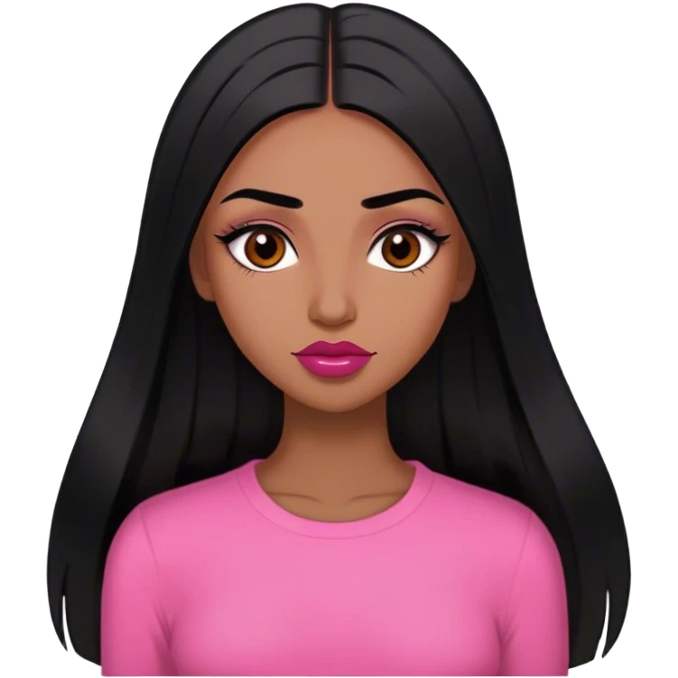 Woman,Medium brown skin,super long black straight hair, medium brown arched eyebrows, full lashes, red nude lips , pink shirt emoji